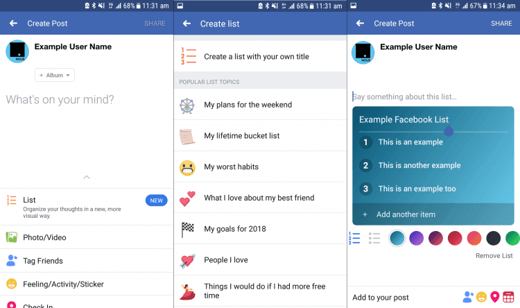 Facebook Lists Feature Example
